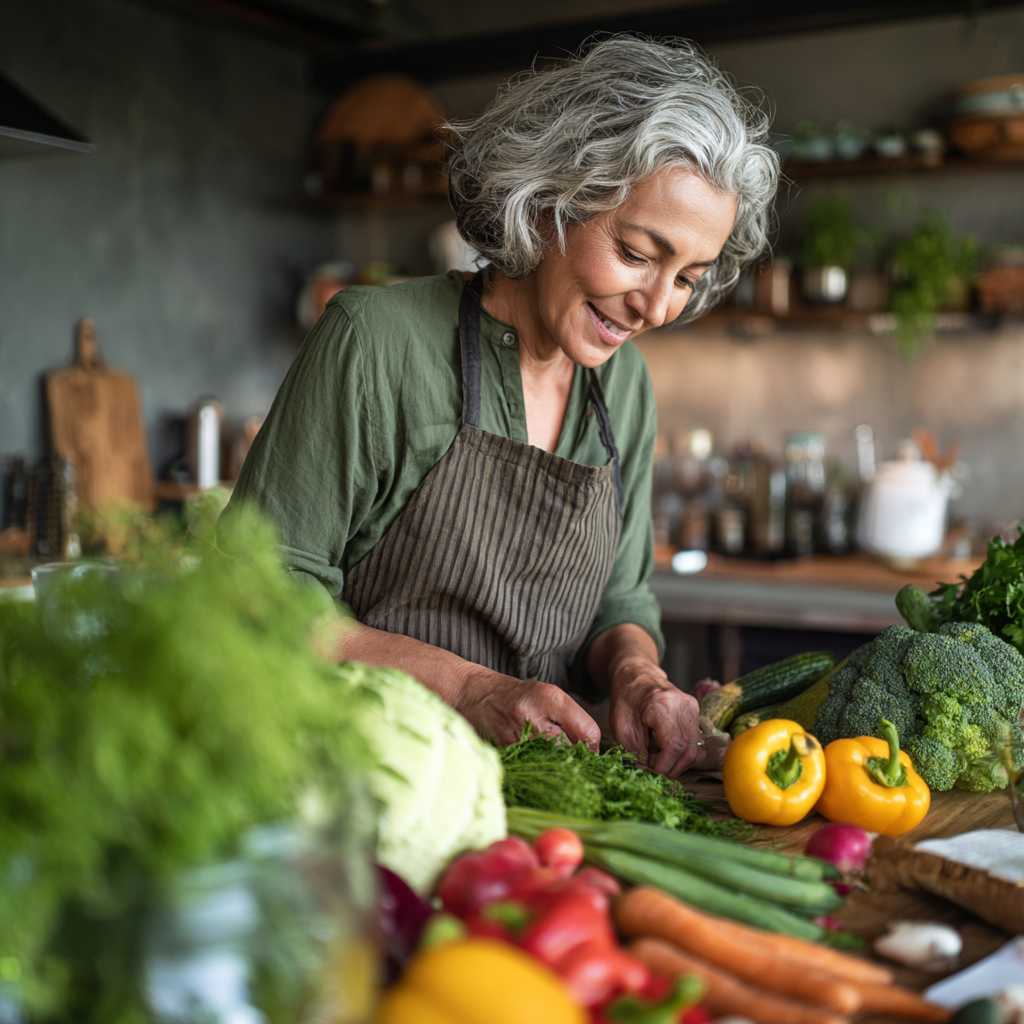50 years old woman preparing healthy meal with fresh vegetables and planning her nutrition