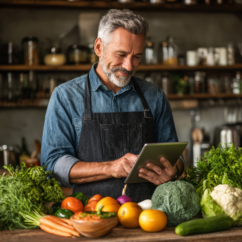 51 years old man reviewing his personalized meal plan on tablet while cooking healthy food
