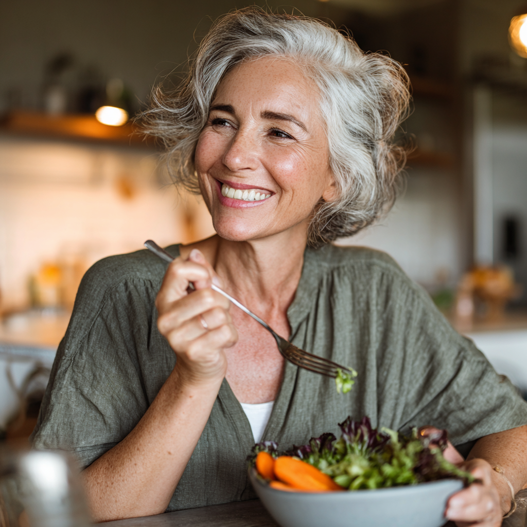 52 years old woman enjoying fresh salad and feeling energetic after following harquedil nutrition program